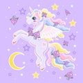 Cartoon, Rainbow Unicorn On A Lilac Background.
