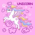 Cartoon, rainbow unicorn on a pink background