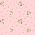 Cartoon rainbow watercolor diamonds on pink background with yellow stars seamless pattern illustration