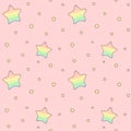 Cartoon rainbow watercolor stars on pink background seamless pattern illustration