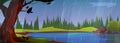 Cartoon rainy landscape with lake in forest