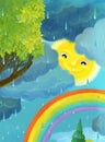 cartoon rainy scene with butterflies and rainbow illustration artistic style