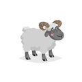 Cartoon ram with horns. Wooly cute male farm animal stay. Vector trendy design illustration