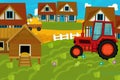 Cartoon ranch farm scene with different wooden buildings - illustration for children