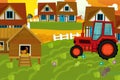 Cartoon ranch farm scene with different wooden buildings - illustration for children