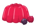 Cartoon raspberry jelly dessert with fresh berries. Vibrant red gelatin jello and blackberries isolated. Sweet food and