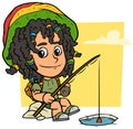 Cartoon rasta boy character with fishing rod