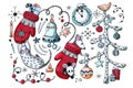 Cartoon rats, mice, the symbol of the New Year 2020 play with festive winter mittens and decorate the Christmas tree