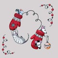 Cartoon rats, mice, the symbol of the New Year 2020 play with festive winter mittens and decorate the Christmas tree