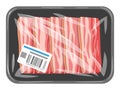 Cartoon raw bacon. Pork red bacon slices in vacuum plastic packaging, tasty bacon rashers packed with polyethylene flat vector