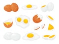 Cartoon raw, broken boiled and fried chicken eggs with yolk. Fresh farm sliced egg, cracked eggshell. Cooked eggs for Royalty Free Stock Photo