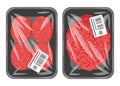 Cartoon raw chopped meat. Beef or pork red mince in vacuum plastic packaging, tasty meat patty packed with polyethylene flat