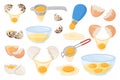 Cartoon raw eggs, fresh egg yolk. White liquid egg and raw yellow yolk in bowl, yolk separator flat vector illustration set. Royalty Free Stock Photo