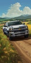 Cartoon Realism: Chevrolet Silverado Truck In Rural Area