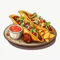 Cartoon Realism Illustration Of Tacos And Chips With Sauce And Salsa