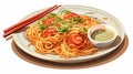 Cartoon Realism: Noodles And Vegetables With Meat Sauce And Chopsticks