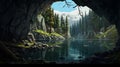 Cartoon Realism: A Serene Cave Scene With Mountains, Trees, And Waterfalls