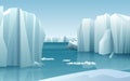 Cartoon realistic nature winter arctic ice landscape with iceberg and snow mountains hills. Royalty Free Stock Photo