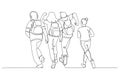 Cartoon of rear view of school people running outside. One line art style