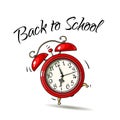 Cartoon red alarm clock ringing. Back to school text. Black and white Sketch style hand drawn vector illustration on Royalty Free Stock Photo