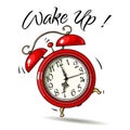 Cartoon red alarm clock ringing. Wake-up text. Vector Royalty Free Stock Photo