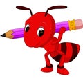 Cartoon red ant holding pencil Royalty Free Stock Photo