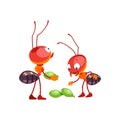 Cartoon Red ants work as a team. The concept of collaboration. Orange fire insect build a nest and collect food for the