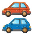 Cartoon red and blue passenger cars or machines. Images transport or vehicle for children. Colorful vector set of illustrations