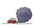 Cartoon red car blowing exhaust fumes, Color doodle CO2 smoke cloud from automobile into air
