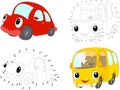 Cartoon red car and yellow bus. Vector illustration. Dot to dot Royalty Free Stock Photo