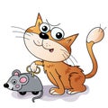 Cartoon red cat with toy clockwork mouse. Colorful vector illustration for kids