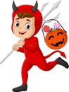 Cartoon red devil carrying candy in a pumpkin basket