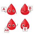 Cartoon red drops with blood type sign in hands