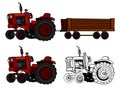 cartoon red farm tractor with hay trailer illustration stock image
