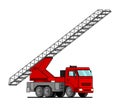 Cartoon red fire truck with ladder up car sticker for boys. Flat vector illustration of water engine car for scrapbook, for Royalty Free Stock Photo