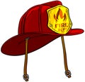 Cartoon red firefighter helmet with golden badge