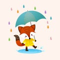 Cartoon red fox in brown boots with umbrella splashing in a puddle in rainy day Royalty Free Stock Photo