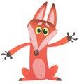 Cartoon red fox character presents with a hand, vector illustration, isolated on white backgroun. Royalty Free Stock Photo