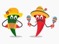 Cartoon red and green chili pepper and mustache wearing mexican sombrero,maracas and accordion Royalty Free Stock Photo