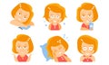 Cartoon red-haired girl is tired, in love, drinks, sleeps, surprised. Vector illustration.