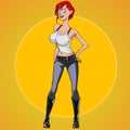 Cartoon red haired woman with big breasts standing akimbo