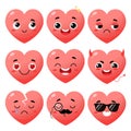 Cartoon red heart character with different facial expressions. Happy cute heart emoji set. Vector illustration for