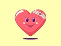 Cartoon red heart with patch on the crack. Cute and friendly character with eyes and smile