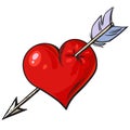 Cartoon red heart pierced by an arrow. Vector. Royalty Free Stock Photo