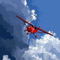 Cartoon red little plane flies on the border of a clear sky with a storm cloud