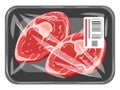 Cartoon red meat steaks. Pork or beef steaks in vacuum plastic packaging, fresh raw filet packed with polyethylene flat vector