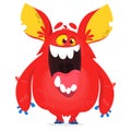 Cartoon red monster character with big ears. Monster troll illustration with surprised expression.