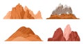 Cartoon red mountains. Rocky range and peak, outdoor hiking, nature landscape mountain silhouette flat vector illustration set on Royalty Free Stock Photo