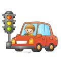 Cartoon red passenger car or machine with driver on road. Traffic light. Images transport or vehicle for children. Colorful vector Royalty Free Stock Photo