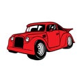 Cartoon red retro hot rod isolated on white background. Template for poster, banner, print for t-shirt, label, card. vector Royalty Free Stock Photo